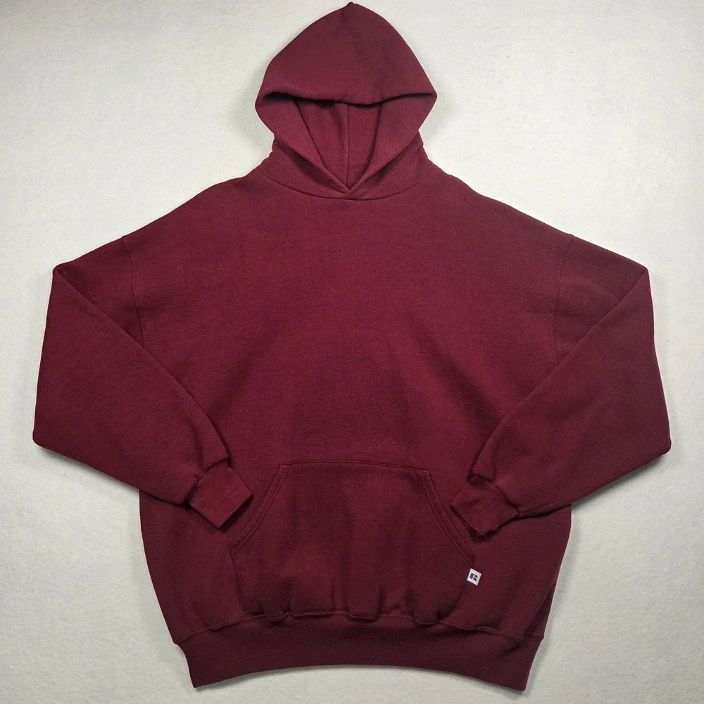 Vintage Russell Athletic Hoodie Mens XXL Maroon Pullover Fleece Blank Sweatshirt